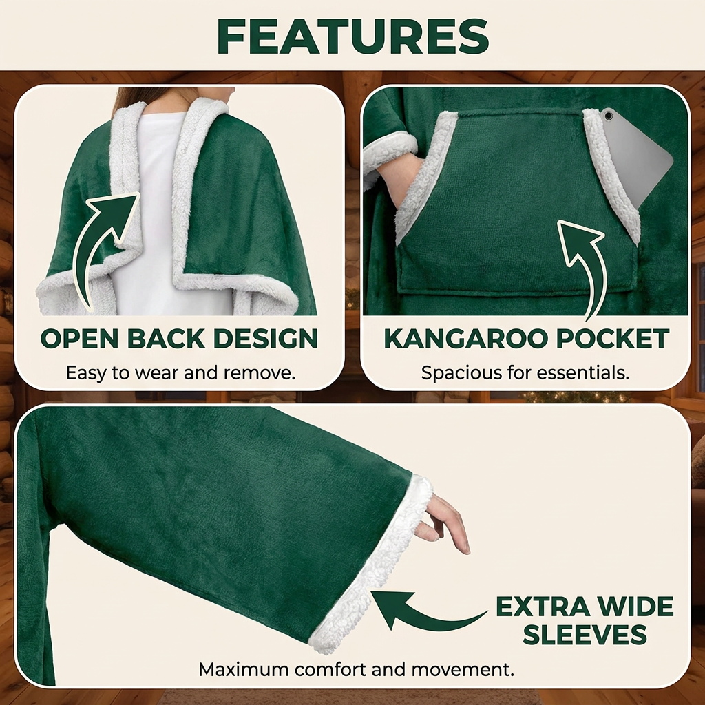 CozyWrap Wearable Sherpa Fleece Blanket with Sleeves & Pocket