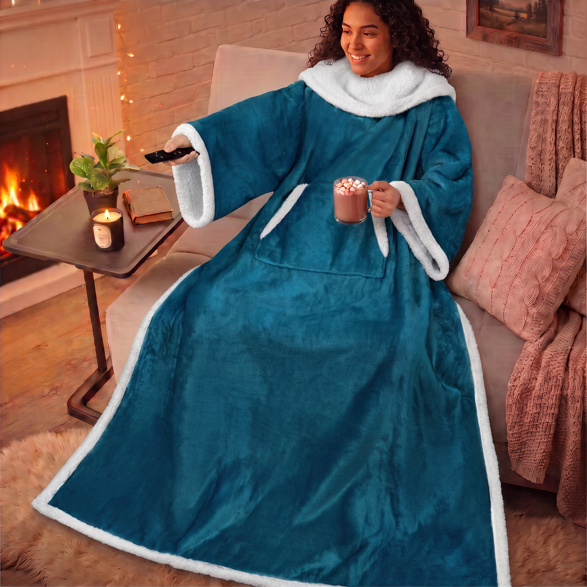 CozyWrap Wearable Sherpa Fleece Blanket with Sleeves & Pocket